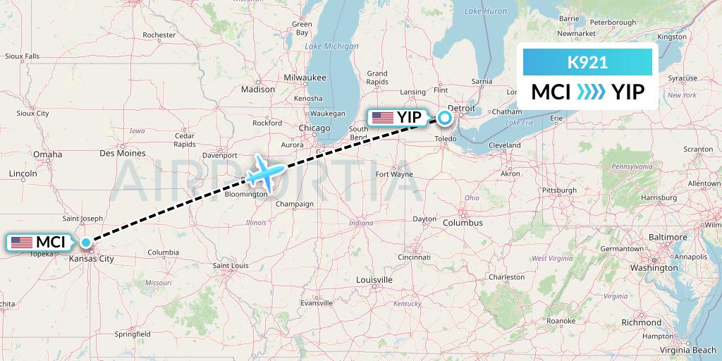 K921 Kalitta Charters Flight Map: Kansas City to Detroit