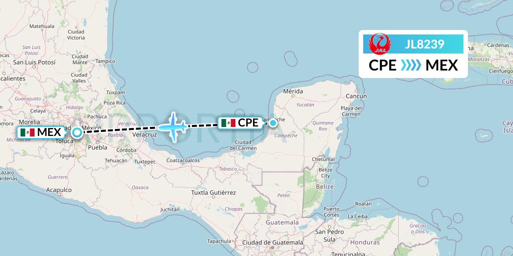 JL8239 Japan Airlines Flight Map: Campeche to Mexico City