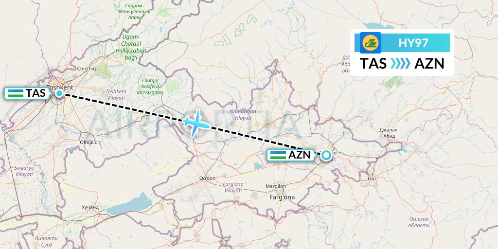 HY97 Uzbekistan Airways Flight Map: Tashkent to Andizhan