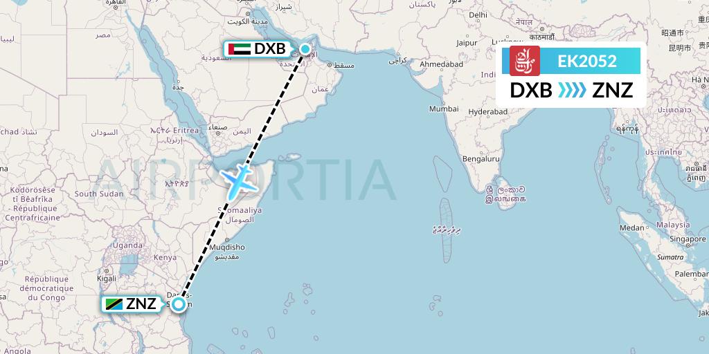 EK2052 Emirates Flight Map: Dubai to Zanzibar