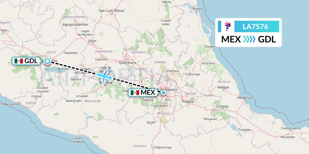 LA7576 LAN Airlines Flight Map: Mexico City to Guadalajara