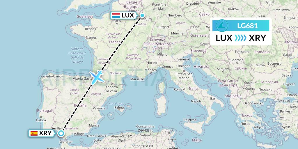 LG681 Luxair Flight Map: Luxembourg to Jerez