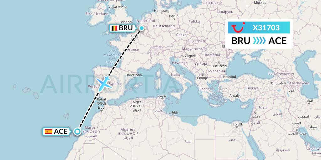 X31703 TUI fly Germany Flight Map: Brussels to Lanzarote