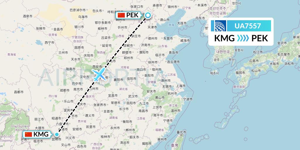 UA7557 United Airlines Flight Map: Kunming to Beijing