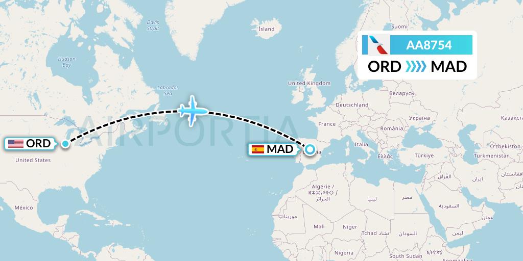 AA8754 American Airlines Flight Map: Chicago to Madrid