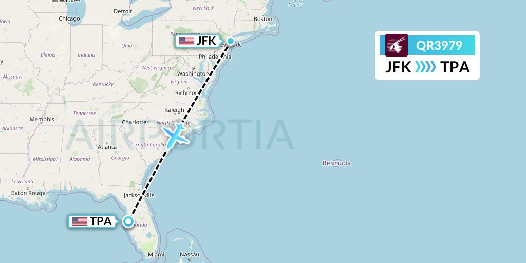 QR3979 Qatar Airways Flight Map: New York to Tampa