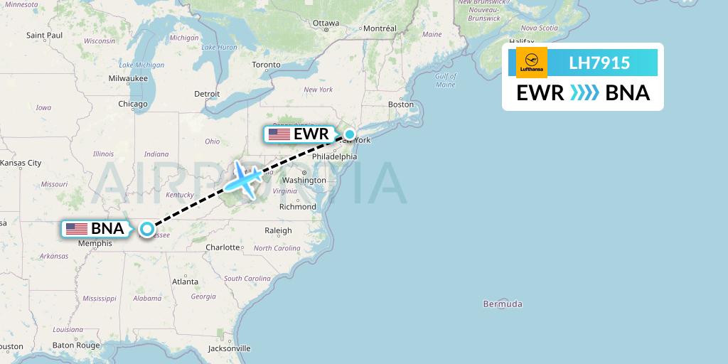 LH7915 Lufthansa Flight Map: New York to Nashville