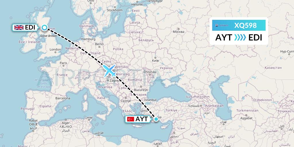 XQ598 SunExpress Flight Map: Antalya to Edinburgh