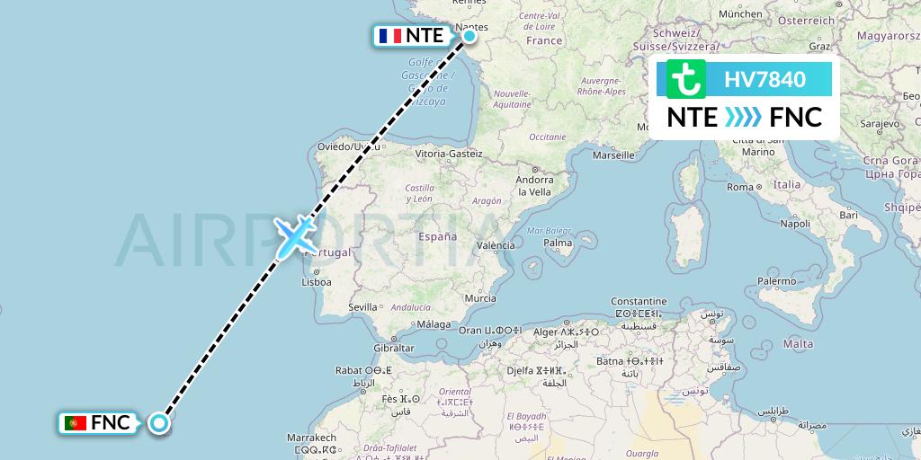 HV7840 Transavia Flight Map: Nantes to Funchal