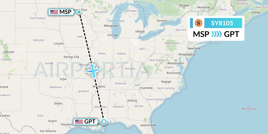SY8105 Sun Country Airlines Flight Map: Minneapolis to Gulfport