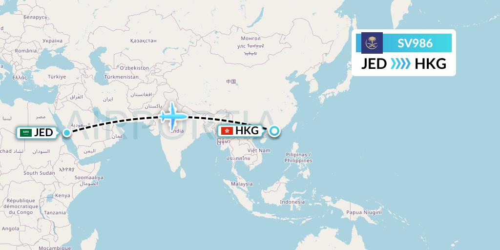 SV986 Saudi Arabian Airlines Flight Map: Jeddah to Hong Kong