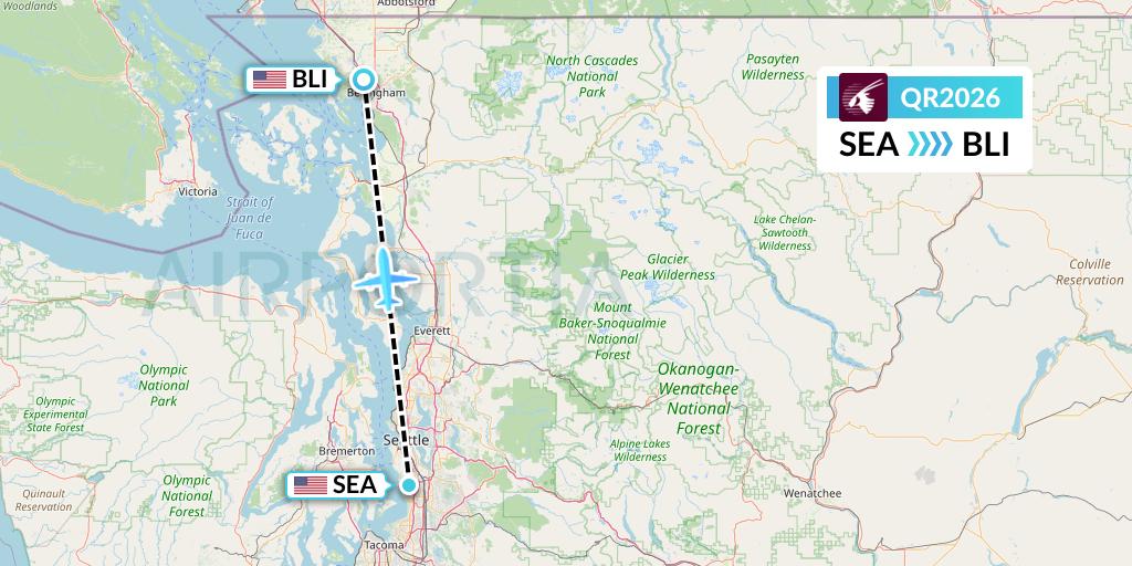 QR2026 Qatar Airways Flight Map: Seattle to Bellingham
