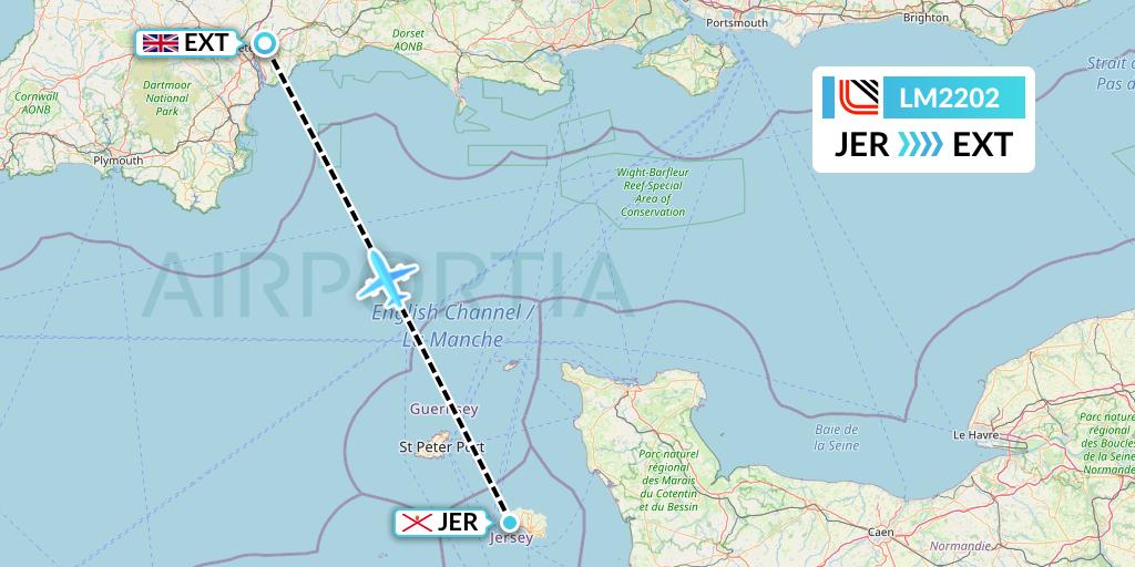 LM2202 Loganair Flight Map: Jersey to Exeter