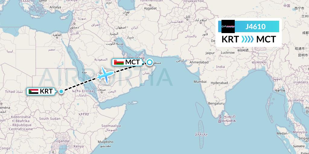 J4610 Badr Airlines Flight Map: Khartoum to Muscat