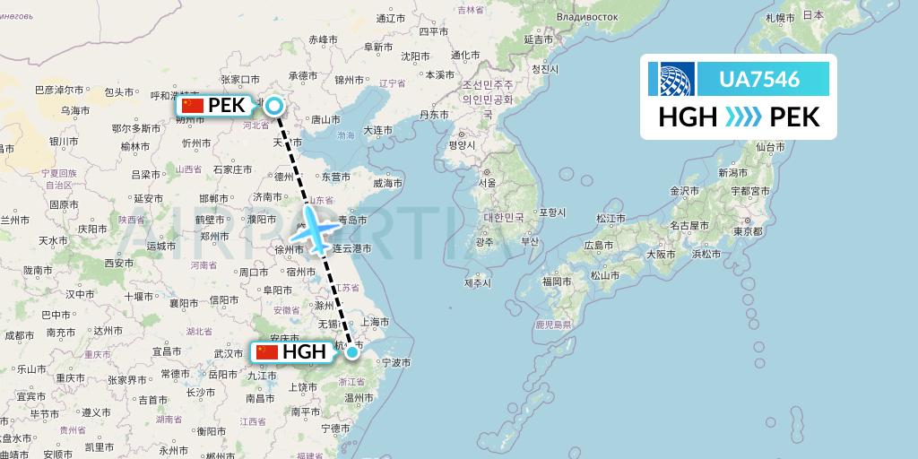 UA7546 United Airlines Flight Map: Hangzhou to Beijing