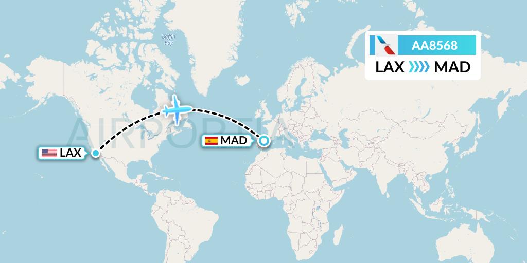 AA8568 American Airlines Flight Map: Los Angeles to Madrid