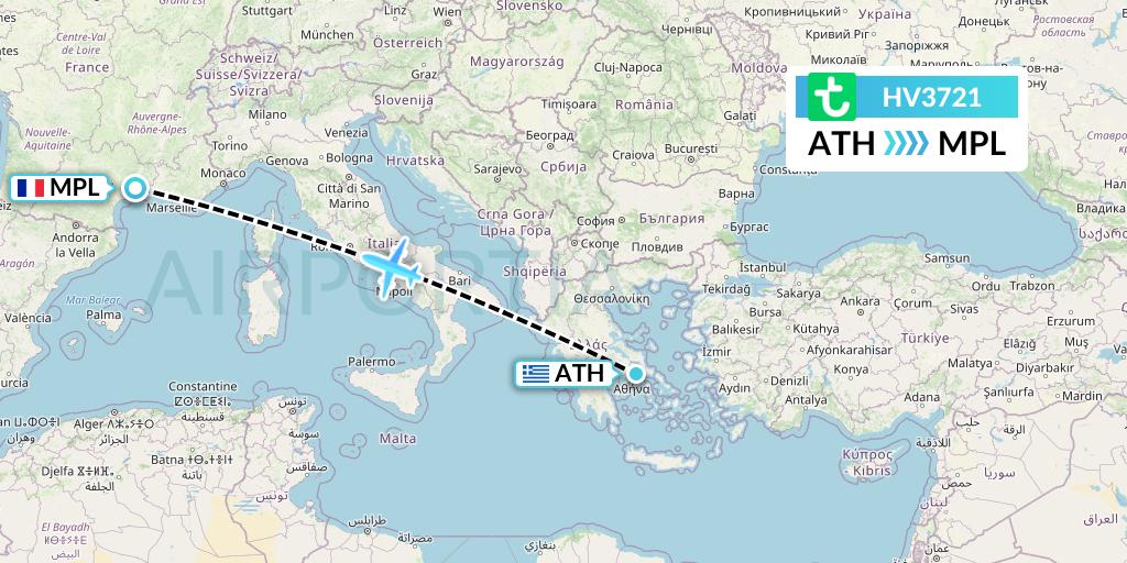 HV3721 Transavia Flight Map: Athens to Montpellier