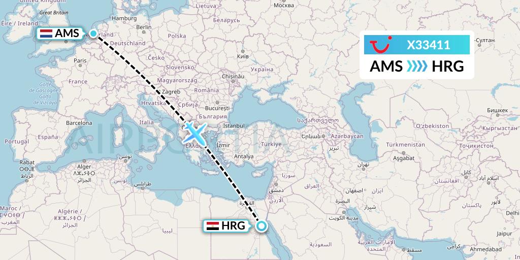 X33411 TUI fly Germany Flight Map: Amsterdam to Hurghada