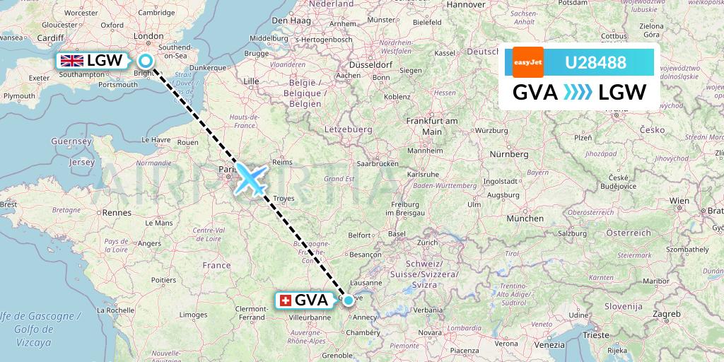 U28488 EasyJet Flight Map: Geneva to London