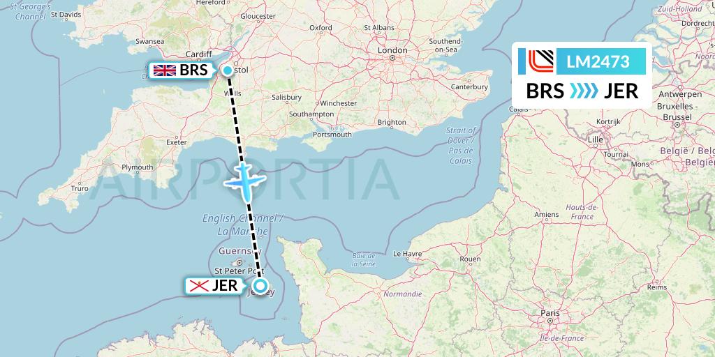 LM2473 Loganair Flight Map: Bristol to Jersey