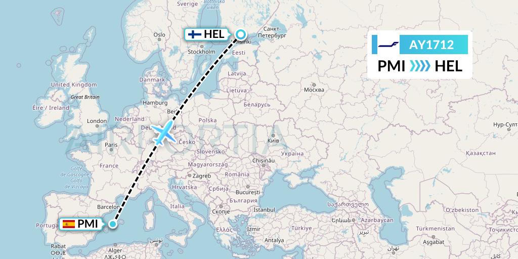 AY1712 Finnair Flight Map: Palma de Mallorca to Helsinki