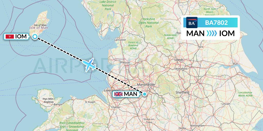 BA7802 British Airways Flight Map: Manchester to Isle of Man