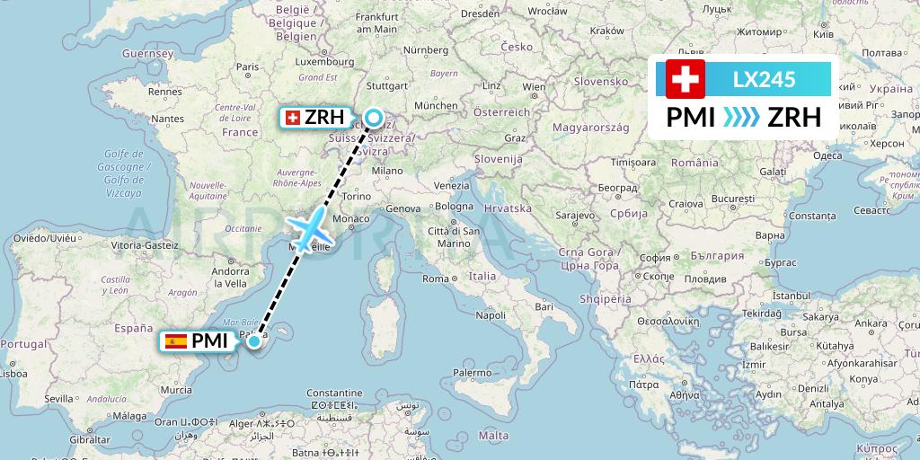 LX245 Swiss Flight Map: Palma de Mallorca to Zurich