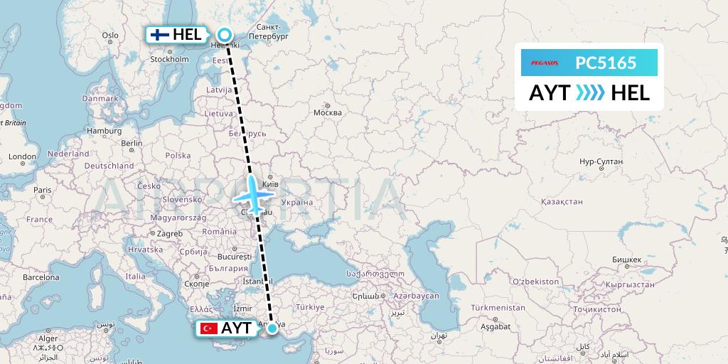 PC5165 Pegasus Airlines Flight Map: Antalya to Helsinki