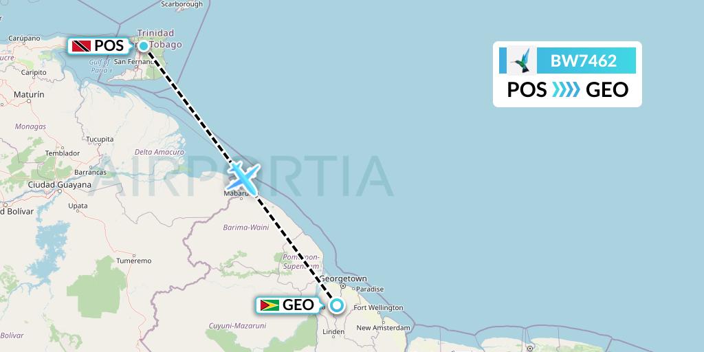 BW7462 Caribbean Airlines Flight Map: Port of Spain to Georgetown