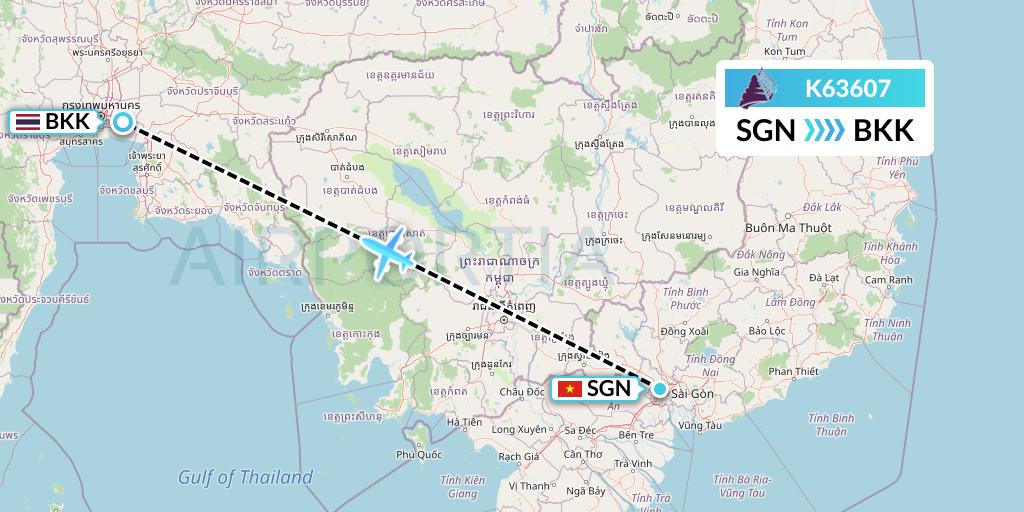 K63607 Cambodia Angkor Air Flight Map: Ho Chi Minh City to Bangkok