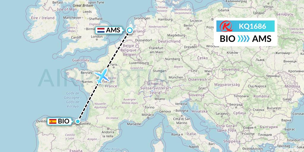 KQ1686 Kenya Airways Flight Map: Bilbao to Amsterdam
