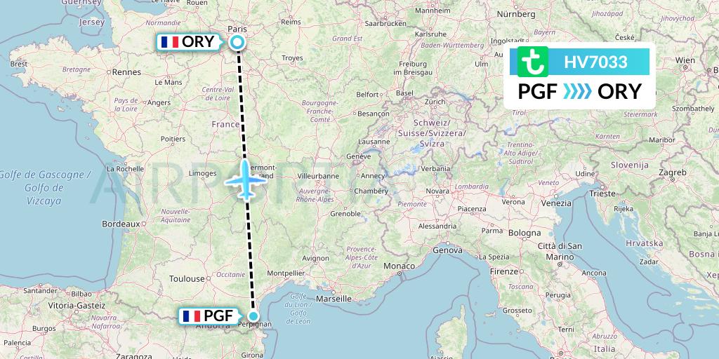HV7033 Transavia Flight Map: Perpignan to Paris