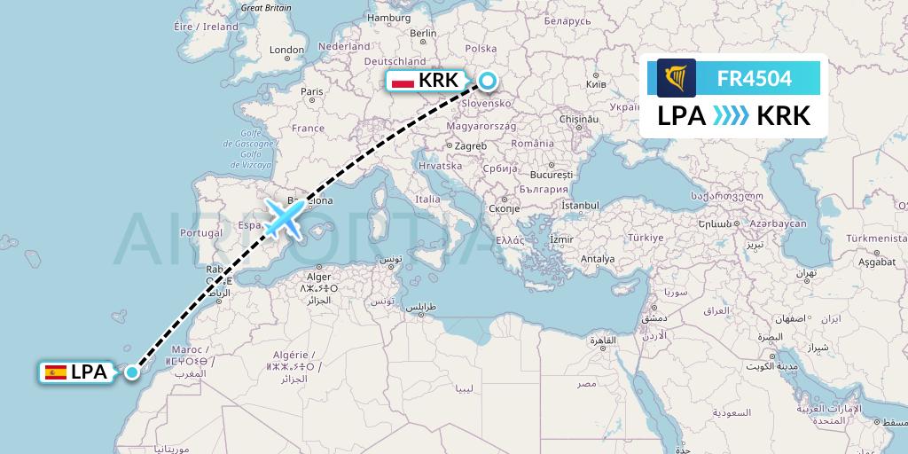 FR4504 Ryanair Flight Map: Las Palmas to Krakow