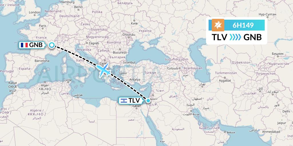 6H149 Israir Airlines Flight Map: Tel Aviv to Grenoble