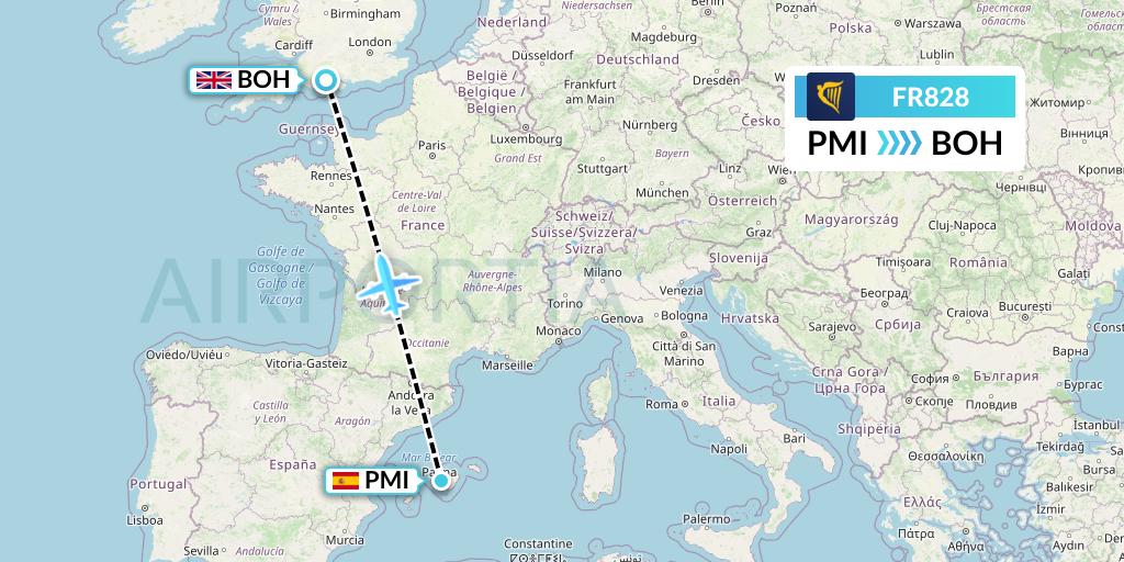 FR828 Ryanair Flight Map: Palma de Mallorca to Bournemouth
