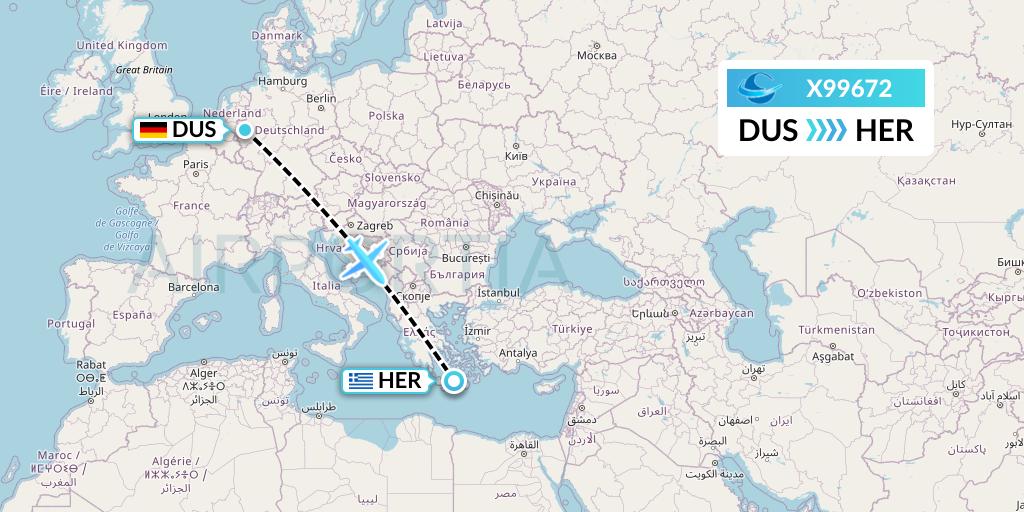 X99672 Avion Express Flight Map: Dusseldorf to Heraklion