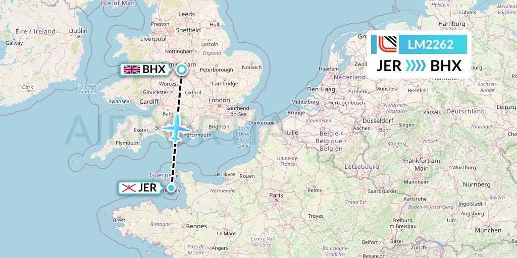 LM2262 Loganair Flight Map: Jersey to Birmingham