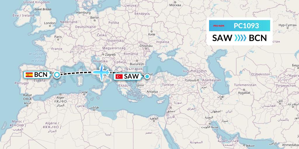 PC1093 Pegasus Airlines Flight Map: Istanbul to Barcelona