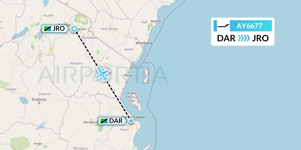 AY6677 Finnair Flight Map: Dar-es-Salaam to Kilimanjaro