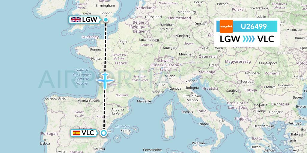 U26499 EasyJet Flight Map: London to Valencia