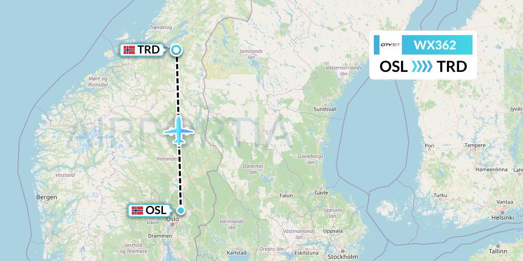 WX362 Cityjet Flight Map: Oslo to Trondheim