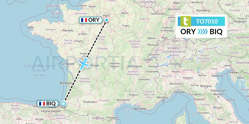 TO7010 Transavia France Flight Map: Paris to Biarritz