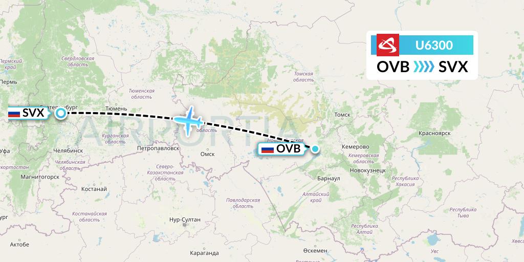 U6300 Ural Airlines Flight Map: Novosibirsk to Yekaterinburg
