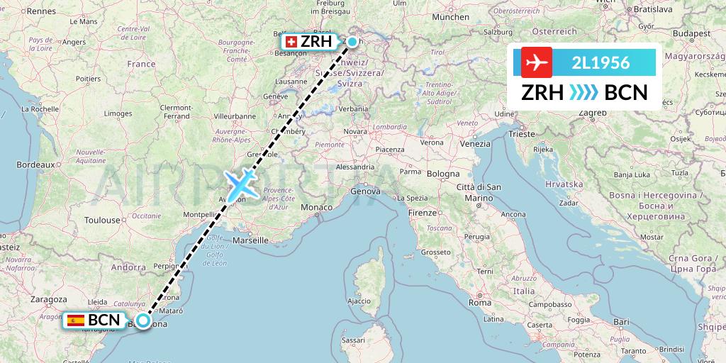 2L1956 Helvetic Airways Flight Map: Zurich to Barcelona