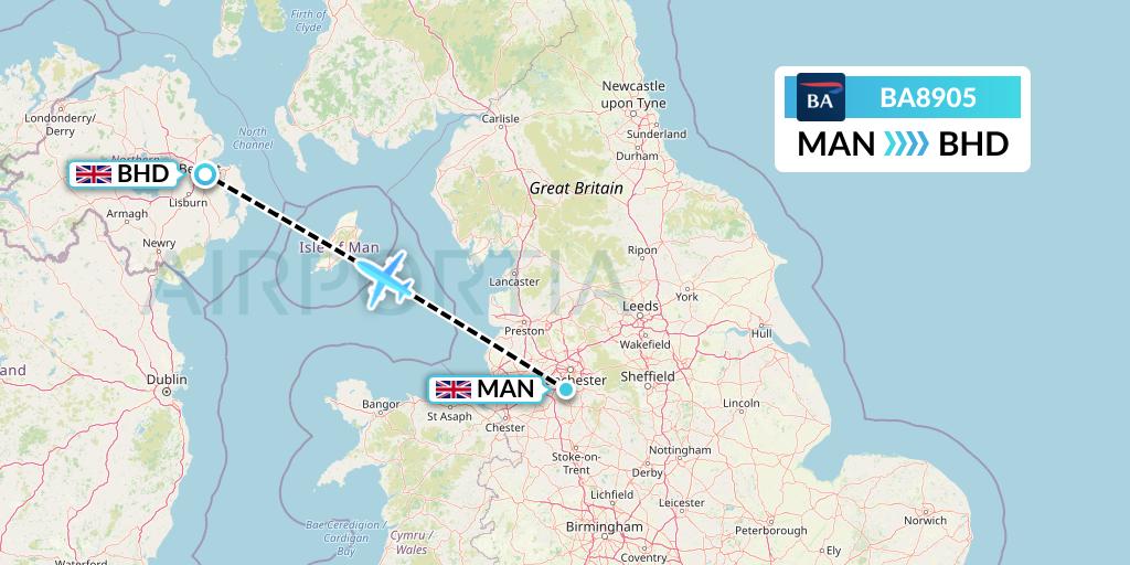 BA8905 British Airways Flight Map: Manchester to Belfast