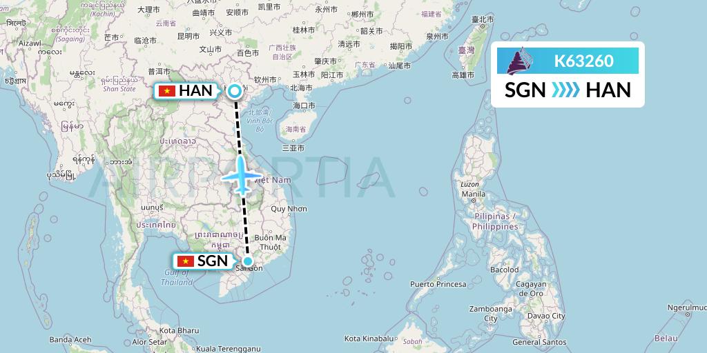K63260 Cambodia Angkor Air Flight Map: Ho Chi Minh City to Hanoi