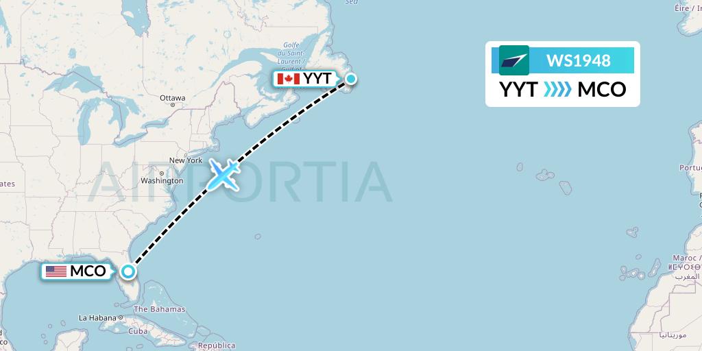 WS1948 WestJet Flight Map: St. John's to Orlando