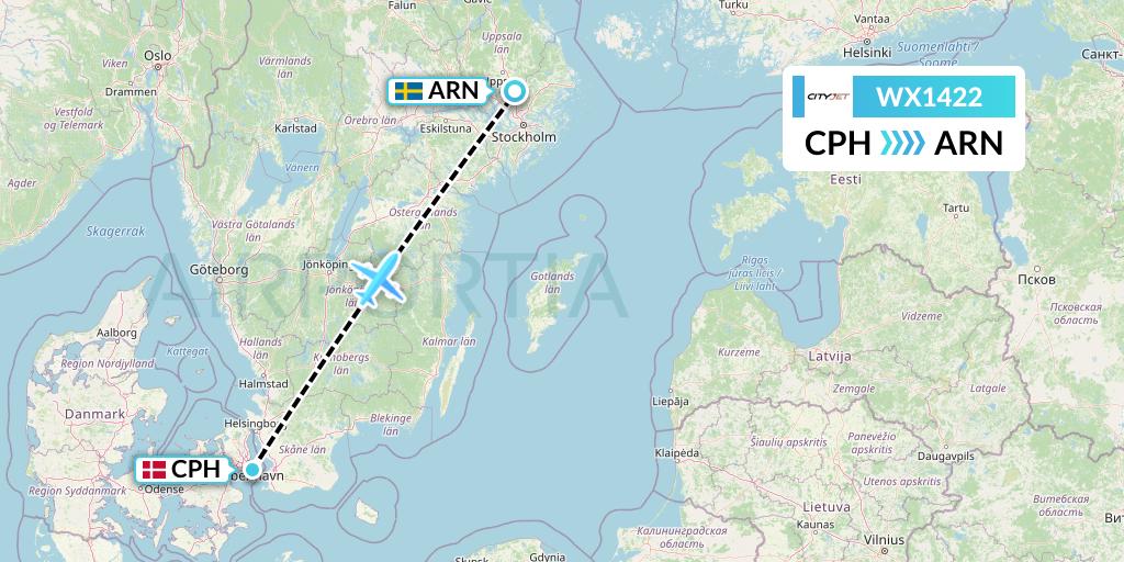 WX1422 Cityjet Flight Map: Copenhagen to Stockholm