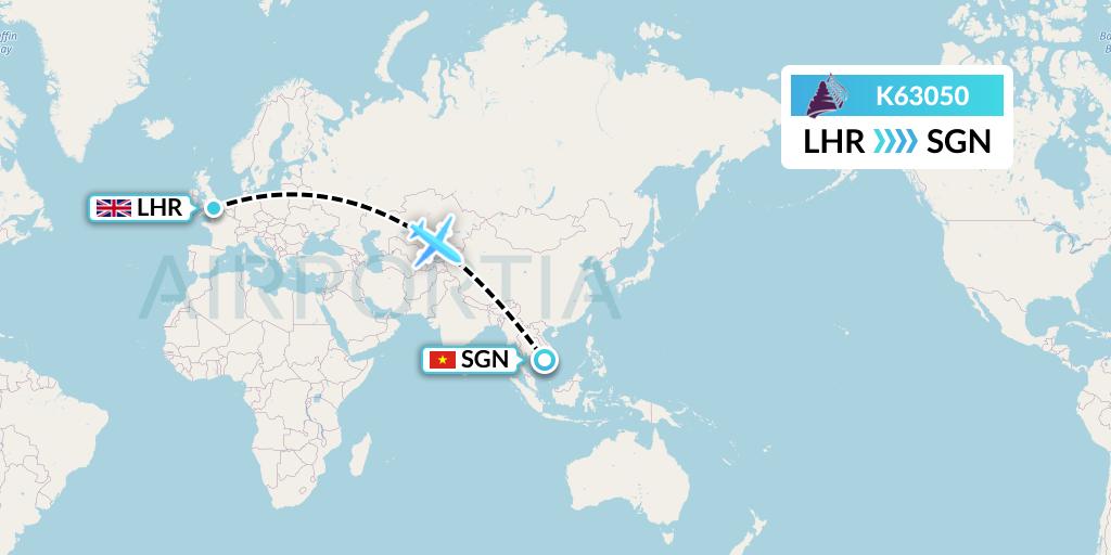 K63050 Cambodia Angkor Air Flight Map: London to Ho Chi Minh City