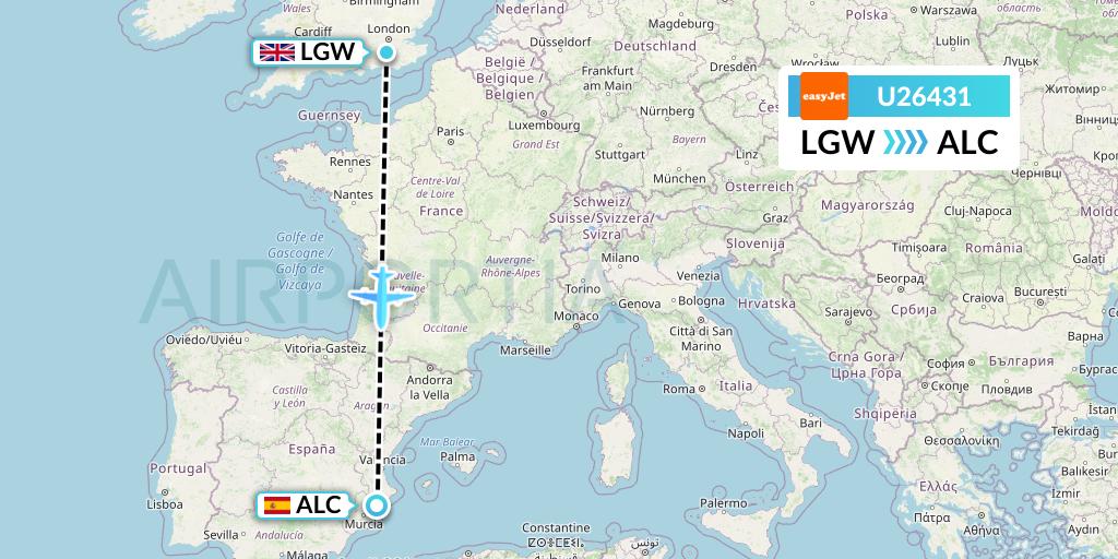 U26431 EasyJet Flight Map: London to Alicante